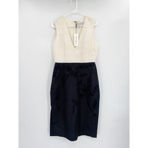 Prabal Gurung Cream Black Two-Tone Embroidered V-Neck Silk Sheath Dress 8 NWT